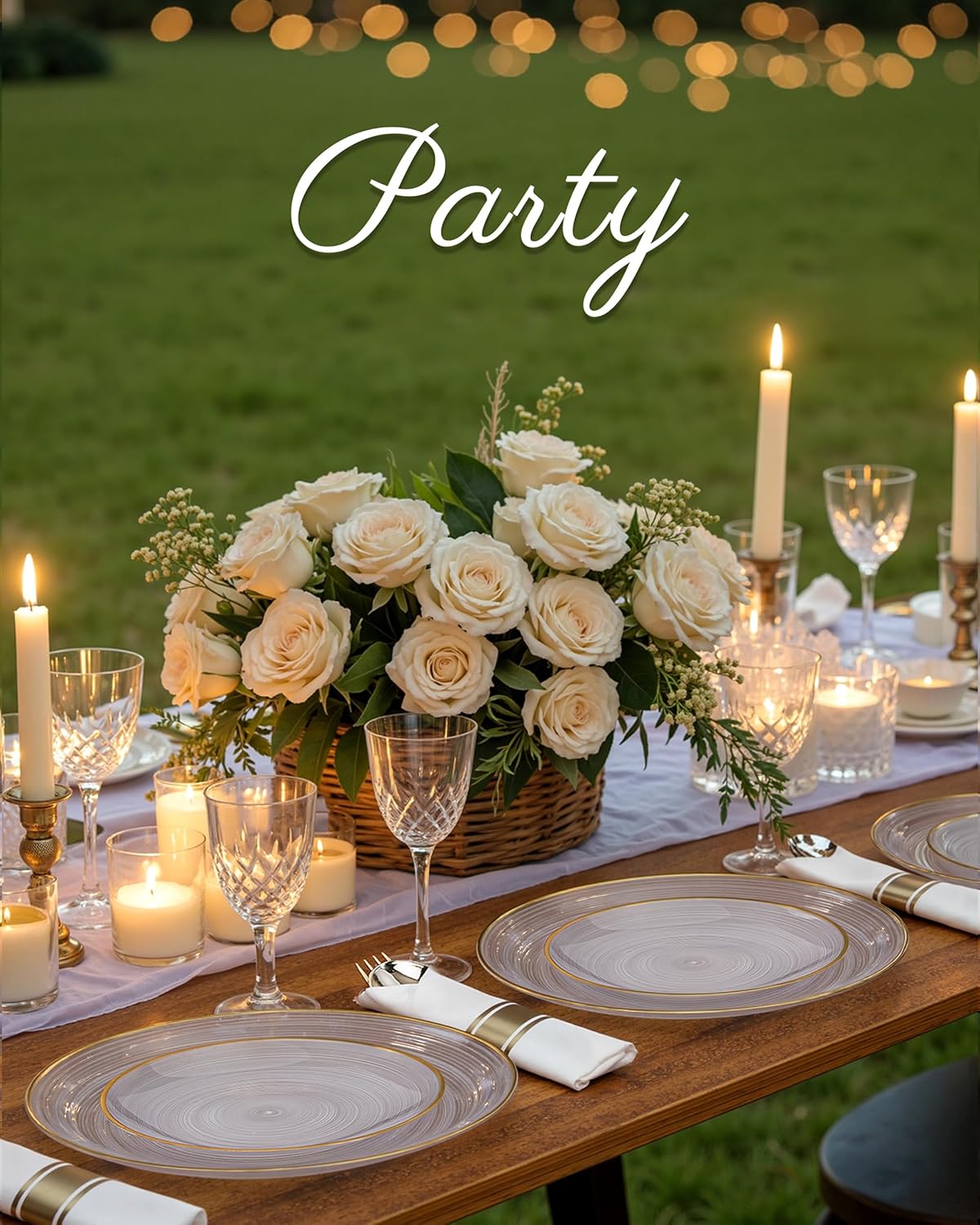 Morejoy 100Pcs Clear Plastic Plates,Clear Disposable Plates With Gold Rim,Heavy-duty Gold Plate, Modern swirl design Plate Include 50Clear Dessert-Platos,50Dinner-Platos for Party&Thanksgiving