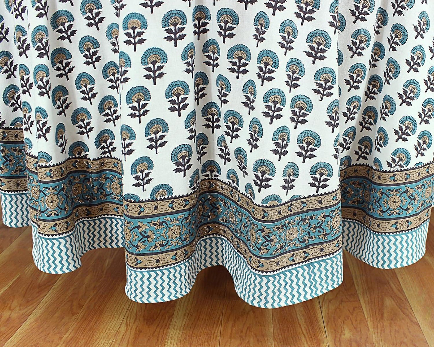 110 Inches Round Hand Block Printed Cotton Tablecloth, Blue Yellow Floral Table Cloths Washable, Indian Table Linen for Dinning Home Decor Autumn Outdoor Thanksgiving Gifts