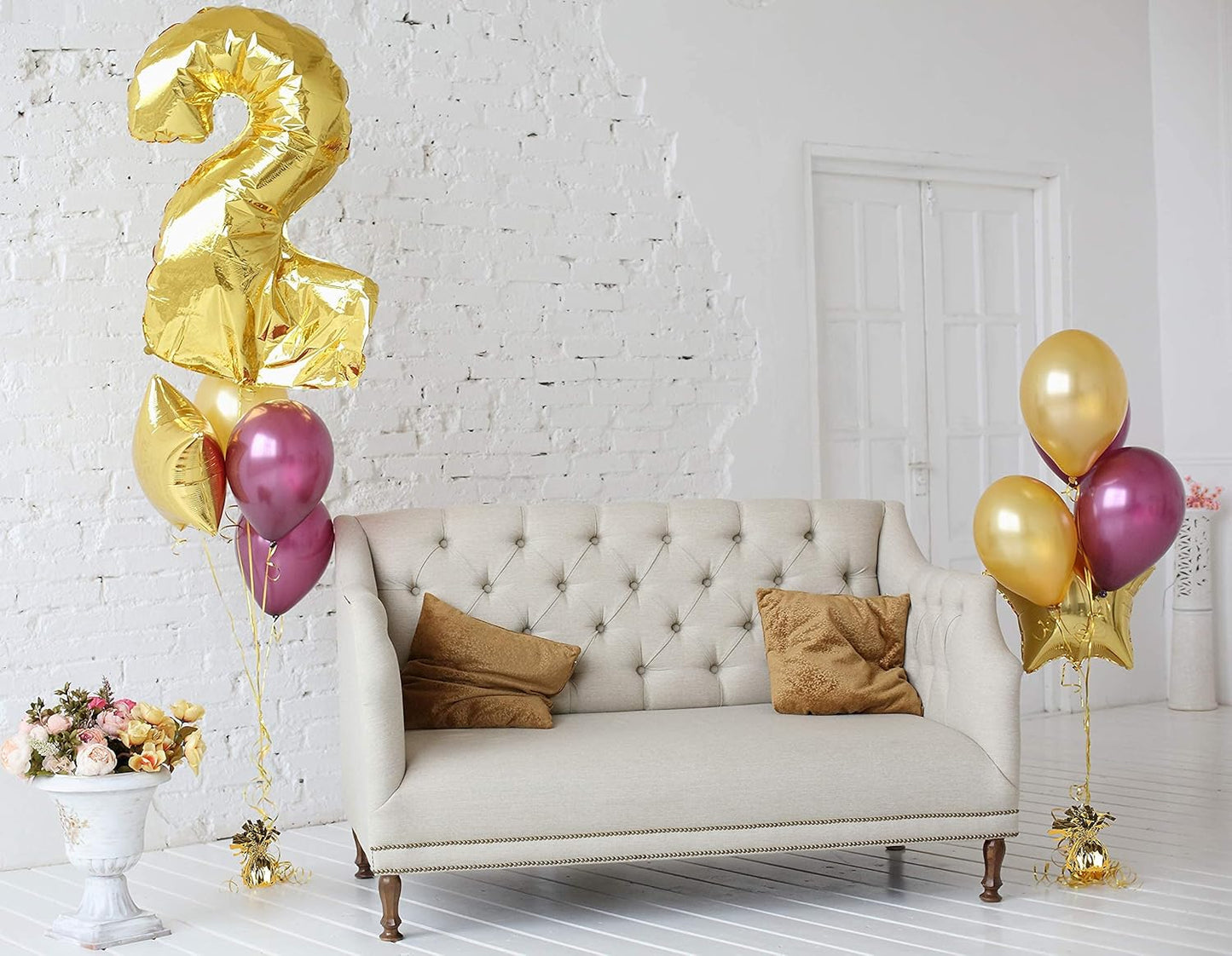 Helium Tank for Balloons At Home, 50 Balloons and White Ribbon, 12 Gold Balloon Weights, Plus Balloon Tying Tool
