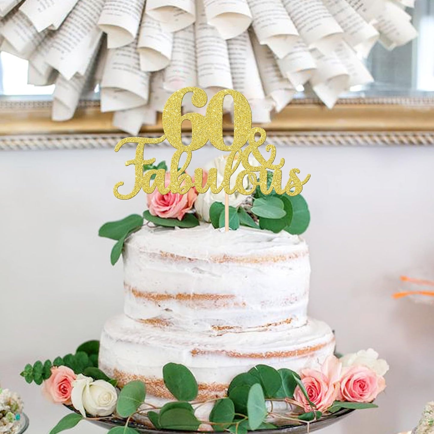 1 PCS 60 & Fabulous Cake Topper Gold Glitter 60th Birthday Anniversary Cake Pick Decoration for 60th Birthday Wedding Anniversary Party Decorations Happy 60th Birthday Cake Decorations Supplies