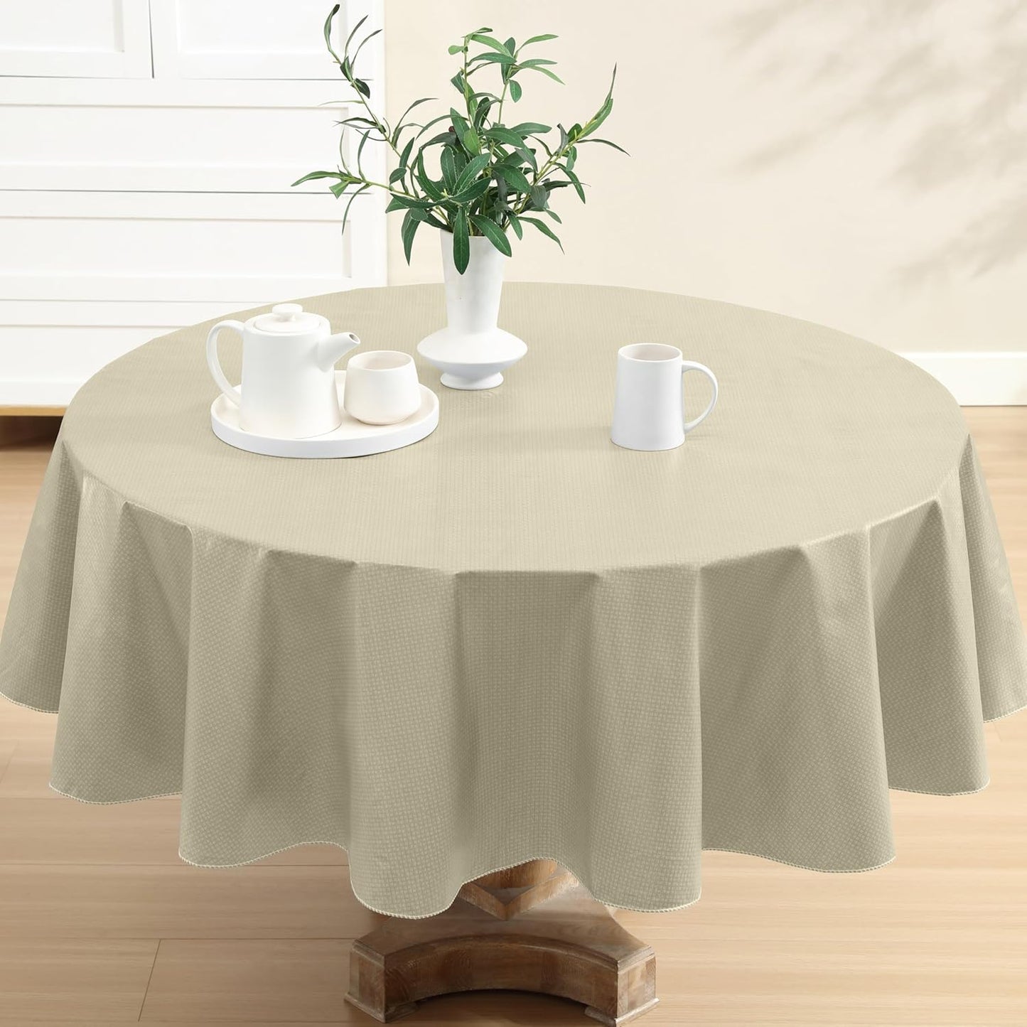 Newbridge Basketweave Vinyl Flannel Backed Tablecloth, 70 Inch Round, Natural, Basket Weave Textured Indoor Outdoor Waterproof Table Cover for Patio, Kitchen, Dining