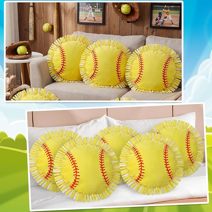 Mindsoft 6 Sets Fleece Tied Pillow Craft Kit Softball Theme DIY Pillow Making Set for Kids, No Sewing with Soft PP Cotton Stuffing for Softball Home Classroom Activity Gift for Sports Birthday Party