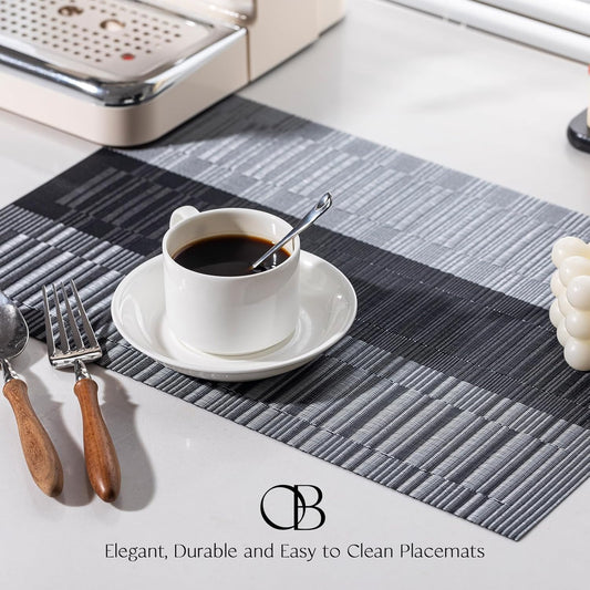 Placemats Set of 8 - Easy Clean Woven Vinyl Placemats for Dining Table, Indoor/Outdoor Place Mats, Washable PVC Table Mats （Silver Gray Black）