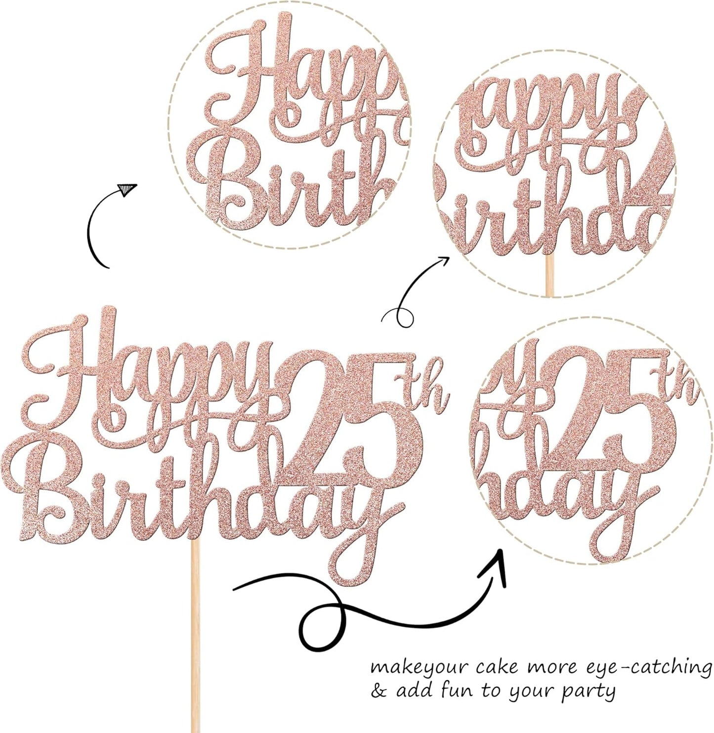 1 PCS Happy 25th Birthday Cake Topper Glitter Cheers to 25 Years Birthday Cake Pick 25 Fabulous Cake Decoration for Happy 25th Birthday Theme Party Decorations Supplies Rose Gold