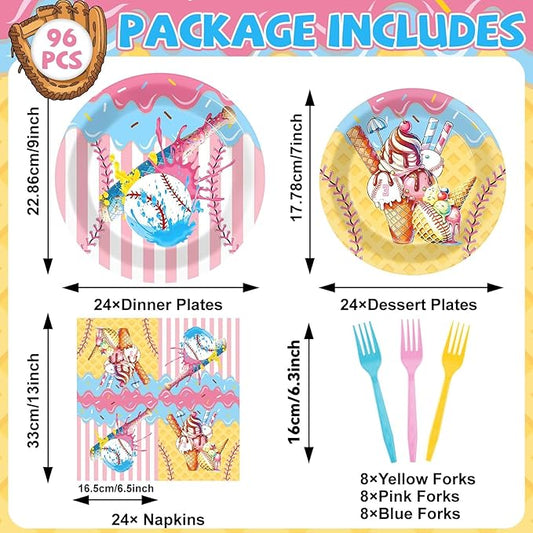 96PCS Ice Cream Drip Baseball Paper Plates and Napkins Sport Theme Birthday Camping Party Supplies Baseball Ice Cream Plates Sport Tableware Set for 24 Guests Birthday Gatherings Decoration