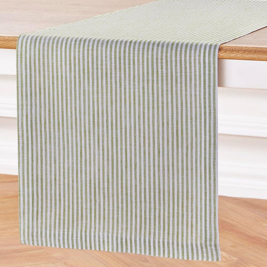 Solino Home Linen Table Runner 120 Inches Long - Narrow Stripe, 100% Pure Linen Avocado and White Table Runner 14 x 120 Inch for Dining, Fall, Autumn, Thanksgiving, Christmas
