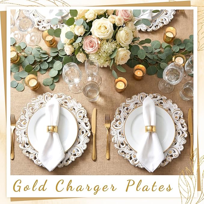 12 Pcs Antique White Charger Plates Bulk 13 Inch Embossed Rim Plastic Round Decorative Plates Charger for Dinner Wedding Party Event Table Setting Decoration (Hollowed out Flowers)