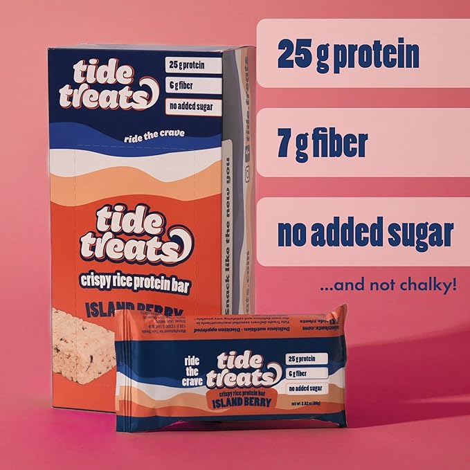 25g Protein Bar Crispy Rice Treat Island Berry | Clean Ingredients, No Added Sugar, 7g Fiber, Gluten Free | High Protein Snack for On-the-Go, Post-Workout or Dessert Cravings | 8 Count | Tidetreats