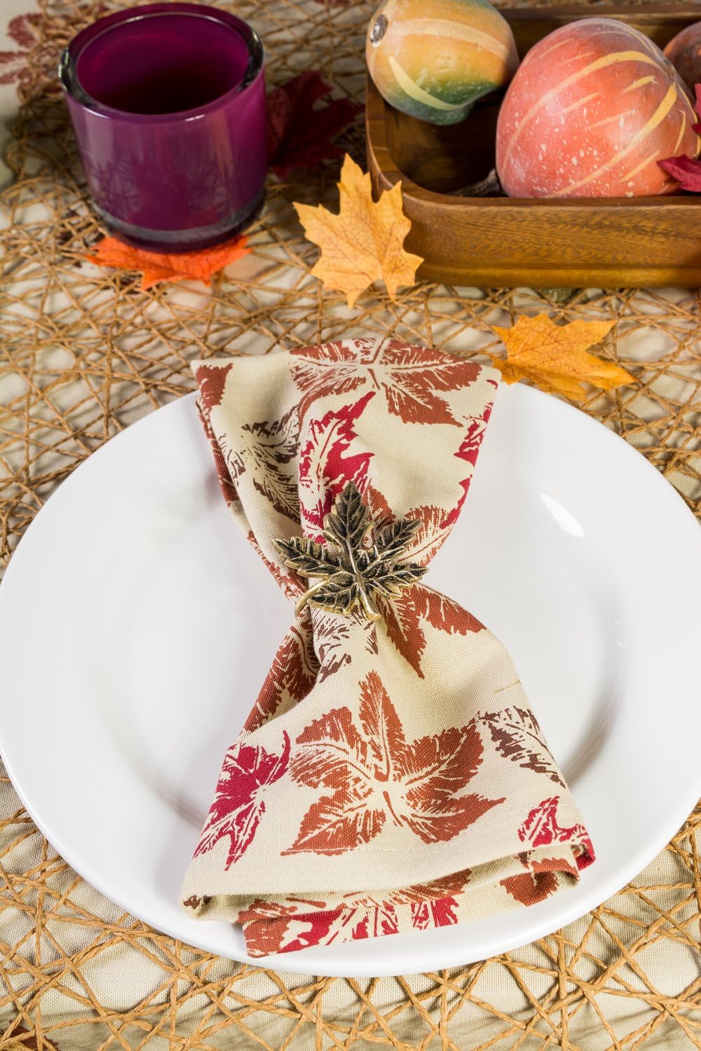 DII Christmas Thanksgiving Holiday Tabletop Décor Collection Decorative Napkin Ring Holder Set, 2.25" Diameter, Gold Maple Leaf, 6 Piece