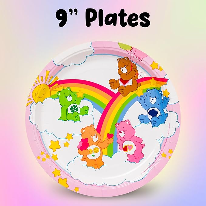 Silver Buffalo Care Bears Featuring Grumpy, Good Luck, Tenderheart, Love-A-Lot, Friend, Cheer, and Birthday 32 Pack Partyware Disposable Paper Plates and Napkins