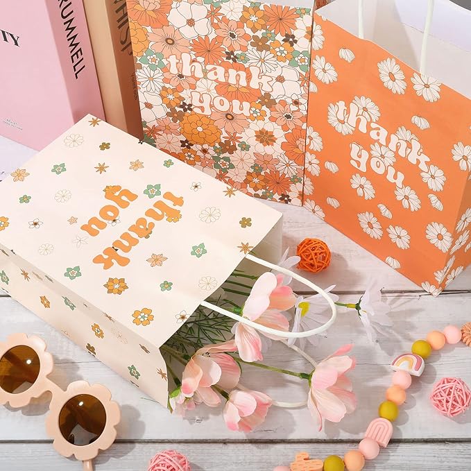 AnyDesign 12 Pack Boho Thank You Gift Bags Bulk Retro Rainbow Flower Paper Bags with Handle Candy Goody Party Favor Bags for Wedding Birthday Baby Shower Bridal Party Supplies, 5.9 x 8.3 x 3.1 Inch