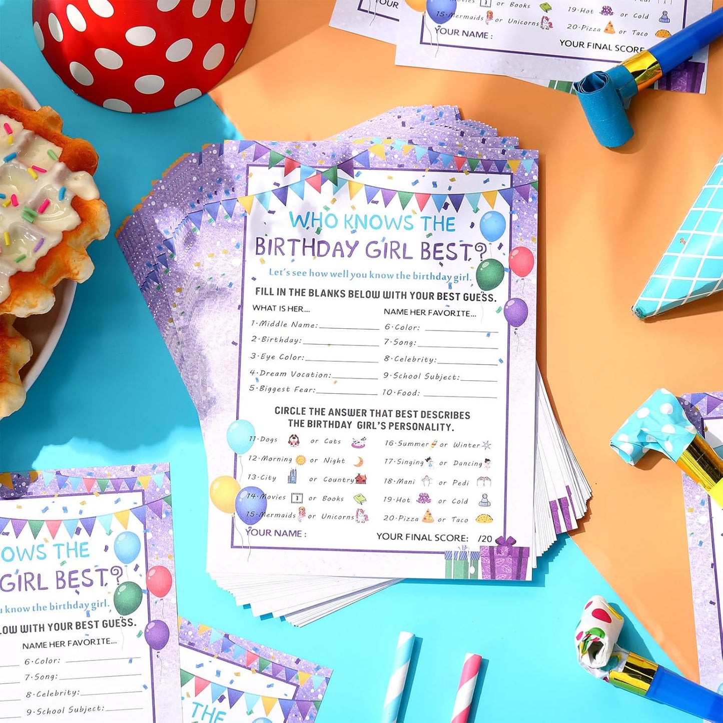 Skylety The Birthday Girl Best, 50 Pieces Birthday Party Activity Game Card Set Who Knows Her Best Girl Birthday Party Activity Themed Party Decorations (Purple)