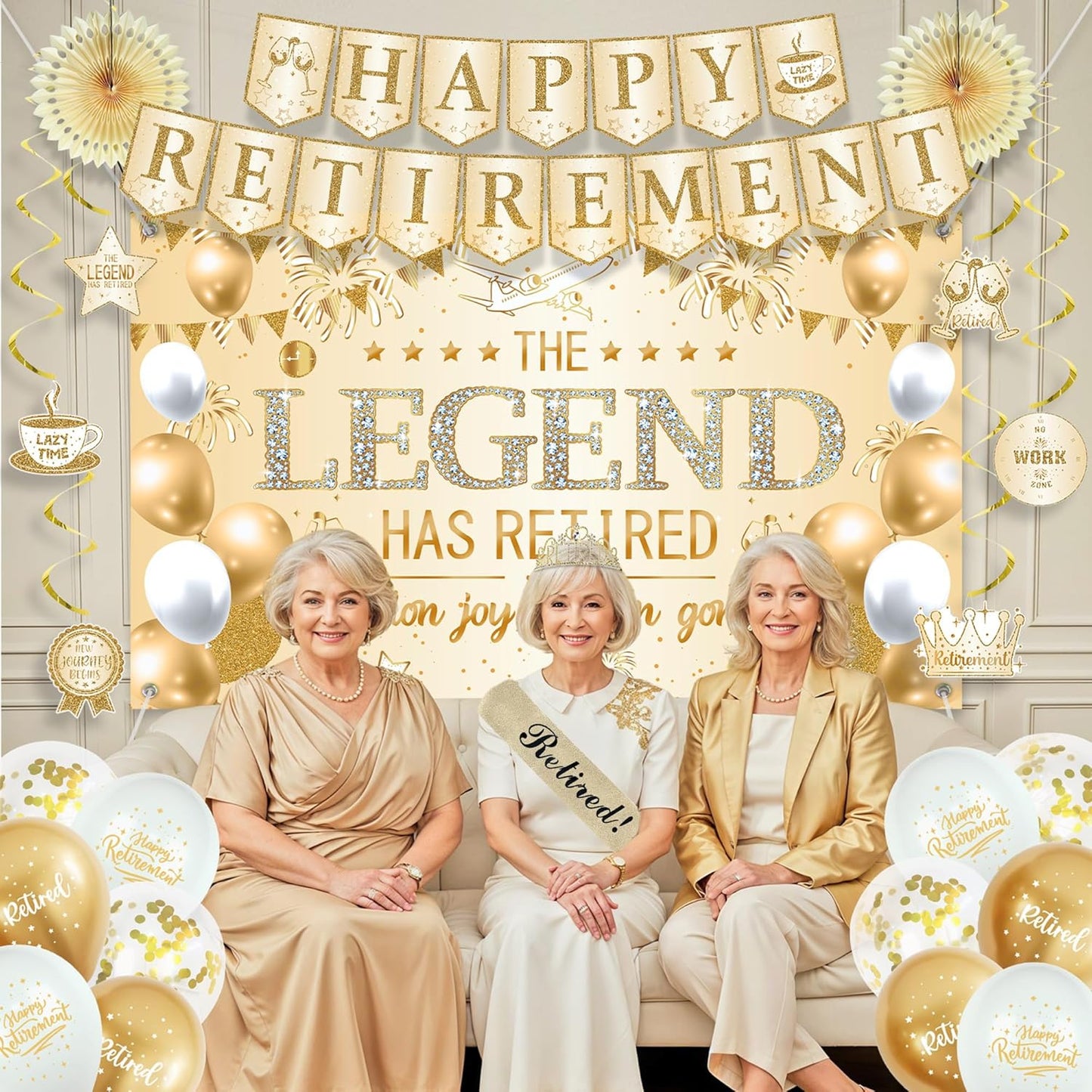 Roetyce Retirement Party Decorations Women, Champagne Gold Happy Retirement Banner Backdrop Balloons Hanging Swirls for Coworker, Gold Lengend Has Retired Sash & Crown, Office Retired Background