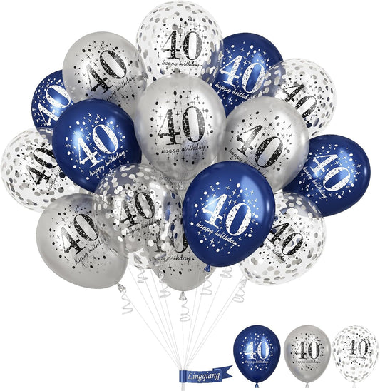 40th Birthday Decoration Men, Pack of 15 Happy 40th Birthday Balloons Latex Helium Navy Blue Silver Confetti Balloons for Him Age 40 Years Old 40th Birthday Party Decorations Celebration Supplies