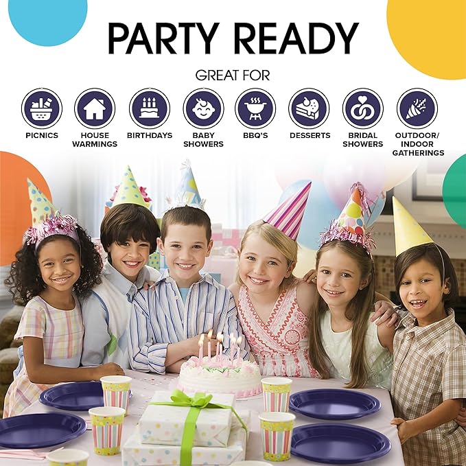 Party Solids Navy Plastic Plates For Party Supplies, Navy Disposable Plates 100 Pieces - 50-7" & 50-9" Heavy Duty 350 GSM Disposable Dinnerware Sets, Plastic Dinnerware Sets