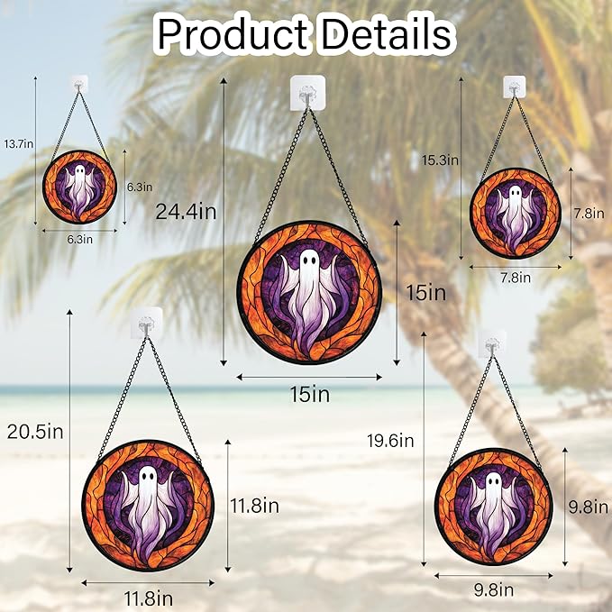 Stained Glass Window Hanging - Halloween Decorations White Purple Ghost Suncatcher for Doors Garden Indoor Spooky Funny Sun Catchers Gothic Decor Horror Gifts for Women Men Friend 7.8 in