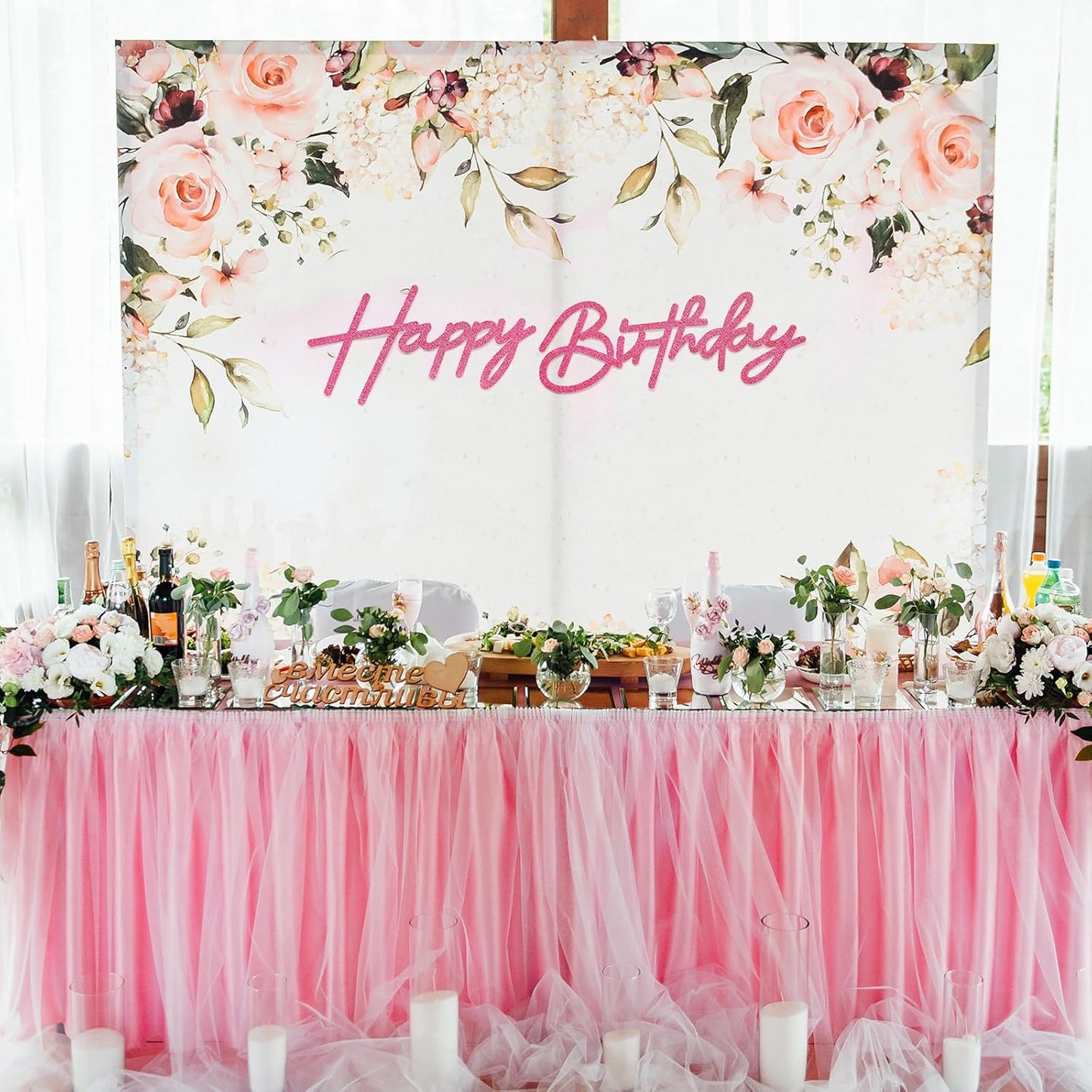 Glitter Pink Happy Birthday Sign for Backdrop - Felt Glitter Letters for Birthday Party Balloon Arch Party Baby Shower, Reusable Large Happy Birthday Decorations Party Letters Sign for Women