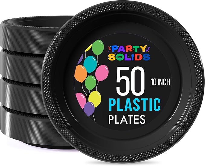 Exquisite Party Solids Black Plastic Plates For Party Supplies 10" Black Disposable Plates Heavy Duty 50 Pcs Plastic Dinnerware Sets Heavy Duty 350 GSM Disposable Dinnerware Set