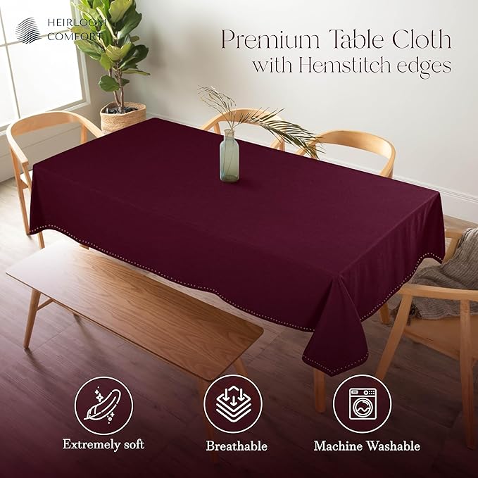 Burgundy Wine Tablecloth, 100% Cotton, 60x102 Inch, Fits 8-10 Seats, Soft, Washable, Wrinkle Resistant, Rectangle Dining Table Cover for Anniversaries, Decor, Holiday, Dinner, Events