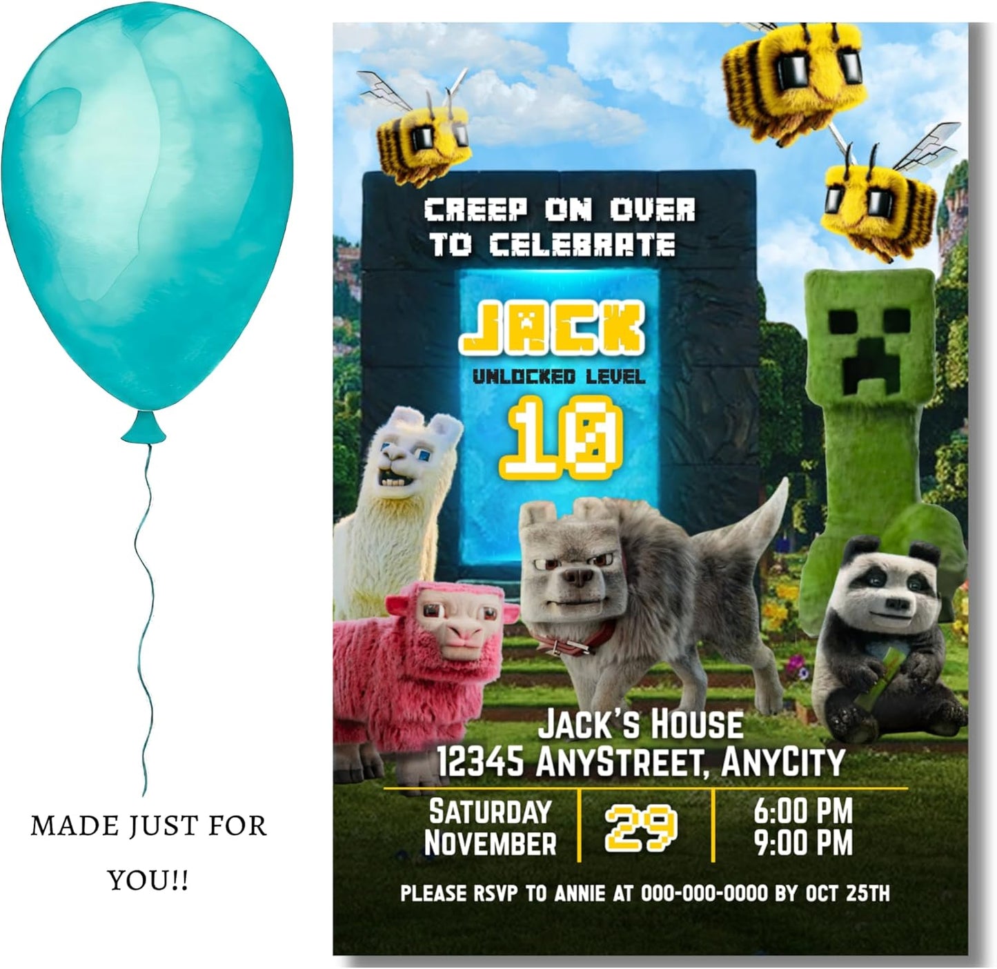 Fully Customizable minecraft Birthday Party Invitations, 4 x 6 inches, with Self-Sealing Envelopes, Gaming Theme Design, minecraft Birthday Invitations for Boys and Girls (Minecraft/Portal)