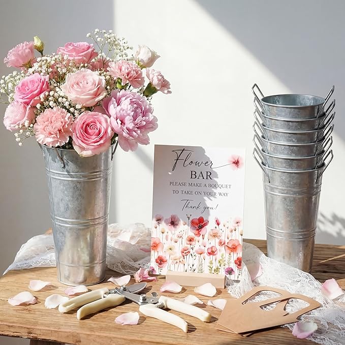 LEIFIDE 39 Pcs Flower Bar Buckets Set Kit Bloom Bar Supplies Include Wood Sign Gift Bags Iron Bucket Garden Flower Shears for Valentine Days Wedding Bridal Shower Table Centerpieces (Silver)