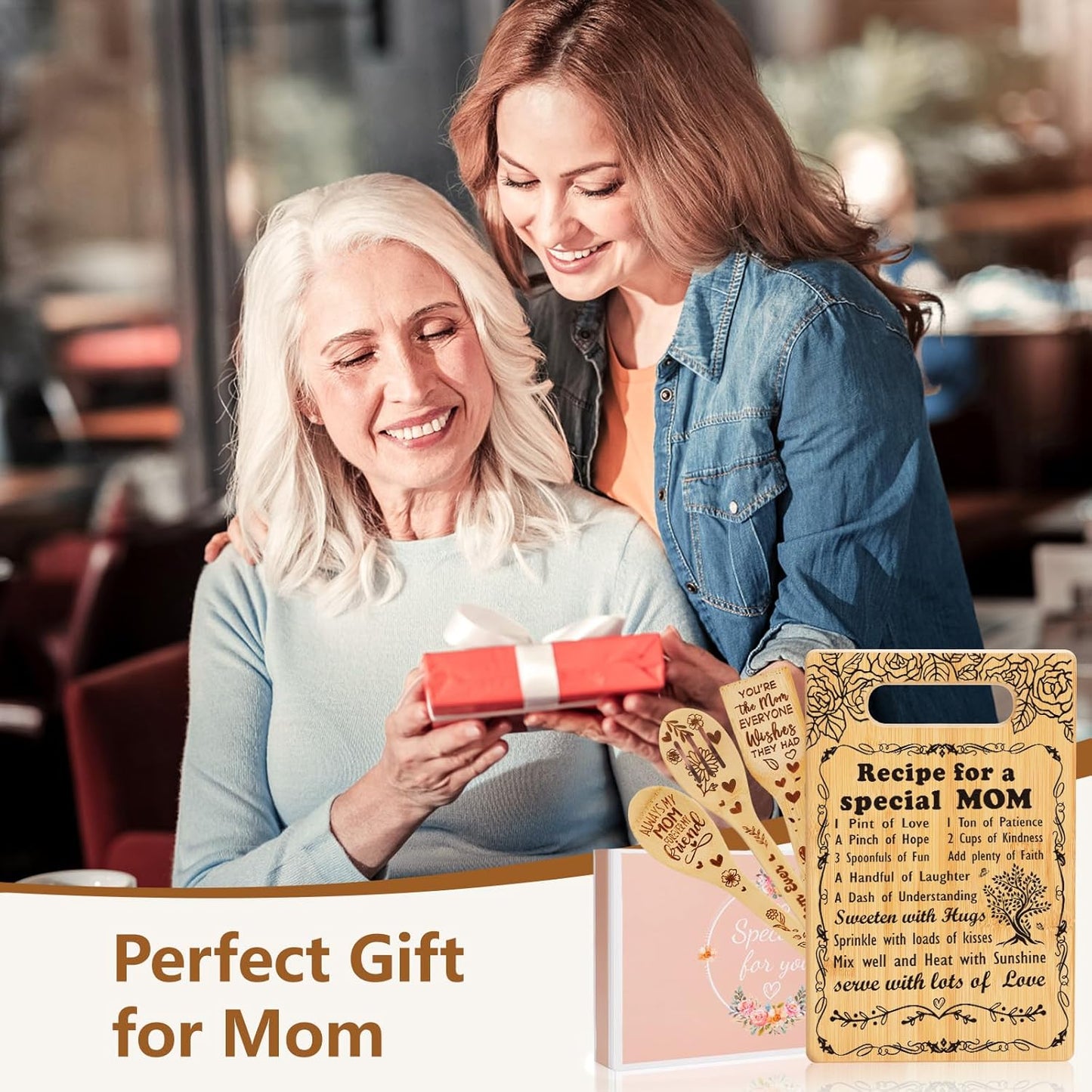Birthday Gift for Mom, Recipe for a Special Mom- Christmas Birthday Mom Gifts from Daughter Son Cutting Board Set, Engraved Utensil Best Mom Ever Gifts Ideas Mom Gifts for Mother New Mom Step Mom