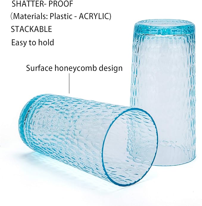 KX-WARE 22-ounce Honeycomb Highball Glasses Plastic Tumbler Acrylic Glasses, set of 6 Blue