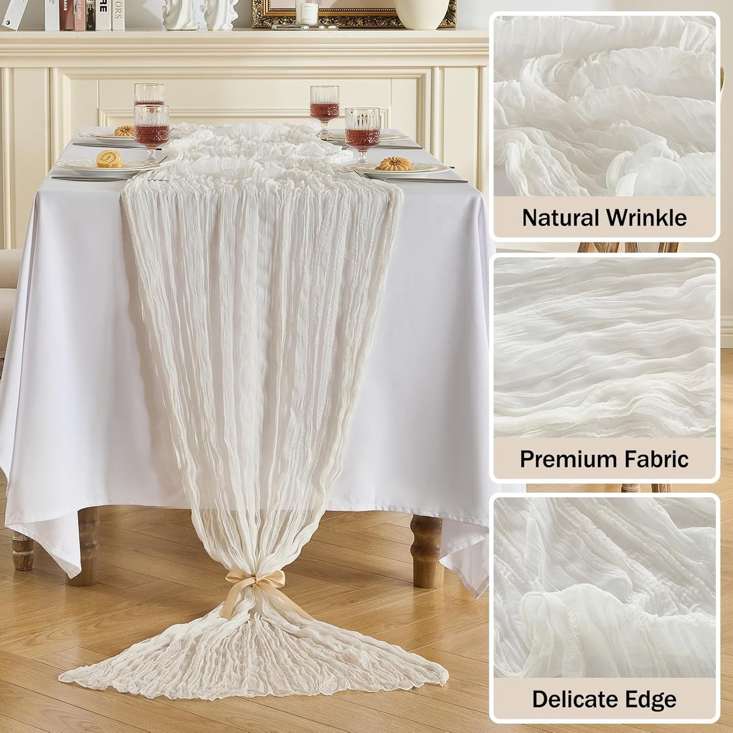 Fanami 3 Pack Cheesecloth Table Runner -10FT Ivory White Boho Gauze Cheese Cloth Table Runner 120 Inches Long Rustic Sheer Fabric Centerpieces for Wedding Birthday Party Bridal Baby Shower Decorations