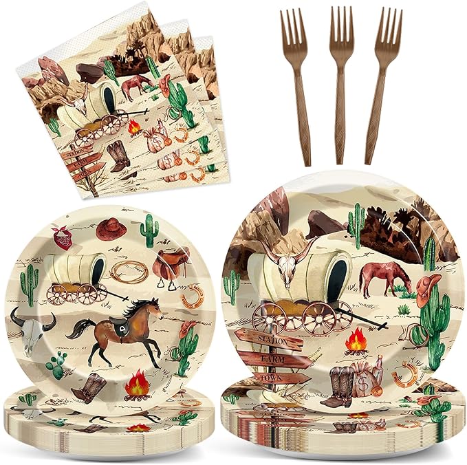 96Pcs Western Cowboy Party Supplies Western Cowboy Paper Plates Napkins Cowboy Baby Shower Party Decorations Wild West Dinnerware Party Favor Rodeo Western Tableware Serves 24