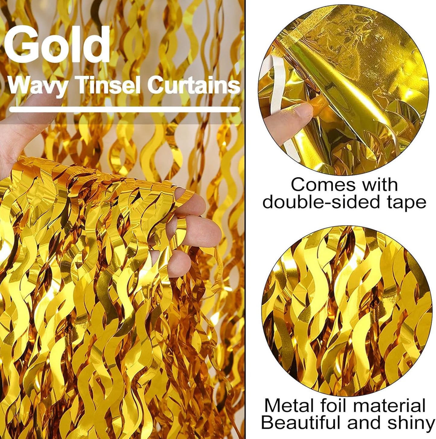 4 Pack Gold Fringe Curtain Backdrop 3.2Ft x 8.2Ft Metallic Tinsel Foil Fringe Streamers Background for Photo Booth Mother's Day, Easter, Carnival, Birthday, Wedding Party Decoration