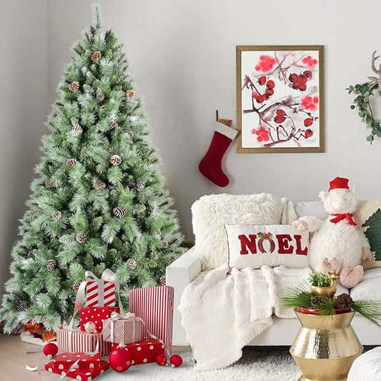 5FT Frosted Christmas Tree with 51 Pine Cone & Pine Needles, Premium Unlit Artificial Christmas Tree with 694 Branch Tips, Realistic Hinged Xmas Trees with Metal Stand for Holiday Decoration