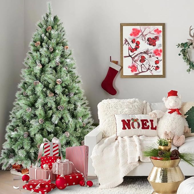 8FT Frosted Christmas Tree with 102 Pine Cone & Pine Needles, Premium Unlit Artificial Christmas Tree with 1858 Branch Tips, Realistic Hinged Xmas Trees with Metal Stand for Holiday Decoration