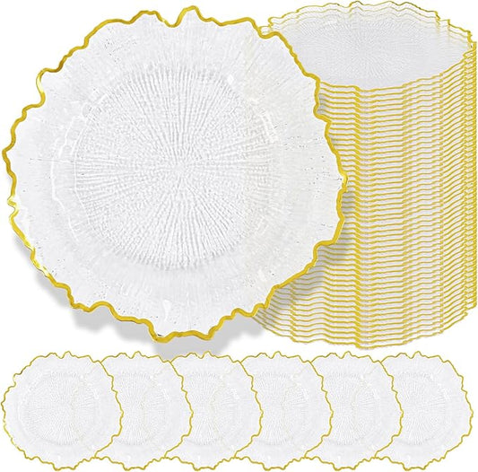 50 Pcs Clear Charger Plates Bulk 13 Inch Plastic Charger Plates for Dinner Plate, Clear with Gold Rim Chargers for Table Setting, Reef Design Plate Floral Decor Round Chargers for Wedding Party Event