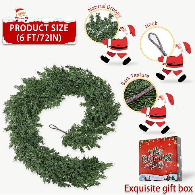Christmas Garland Soft Bendable Realistic Artificial Cedar Pine Green Xmas Mantle Garland for Staircase with Gift Box Garlands for Decoration Christmas Fireplace Porch Table Home Yard Decor