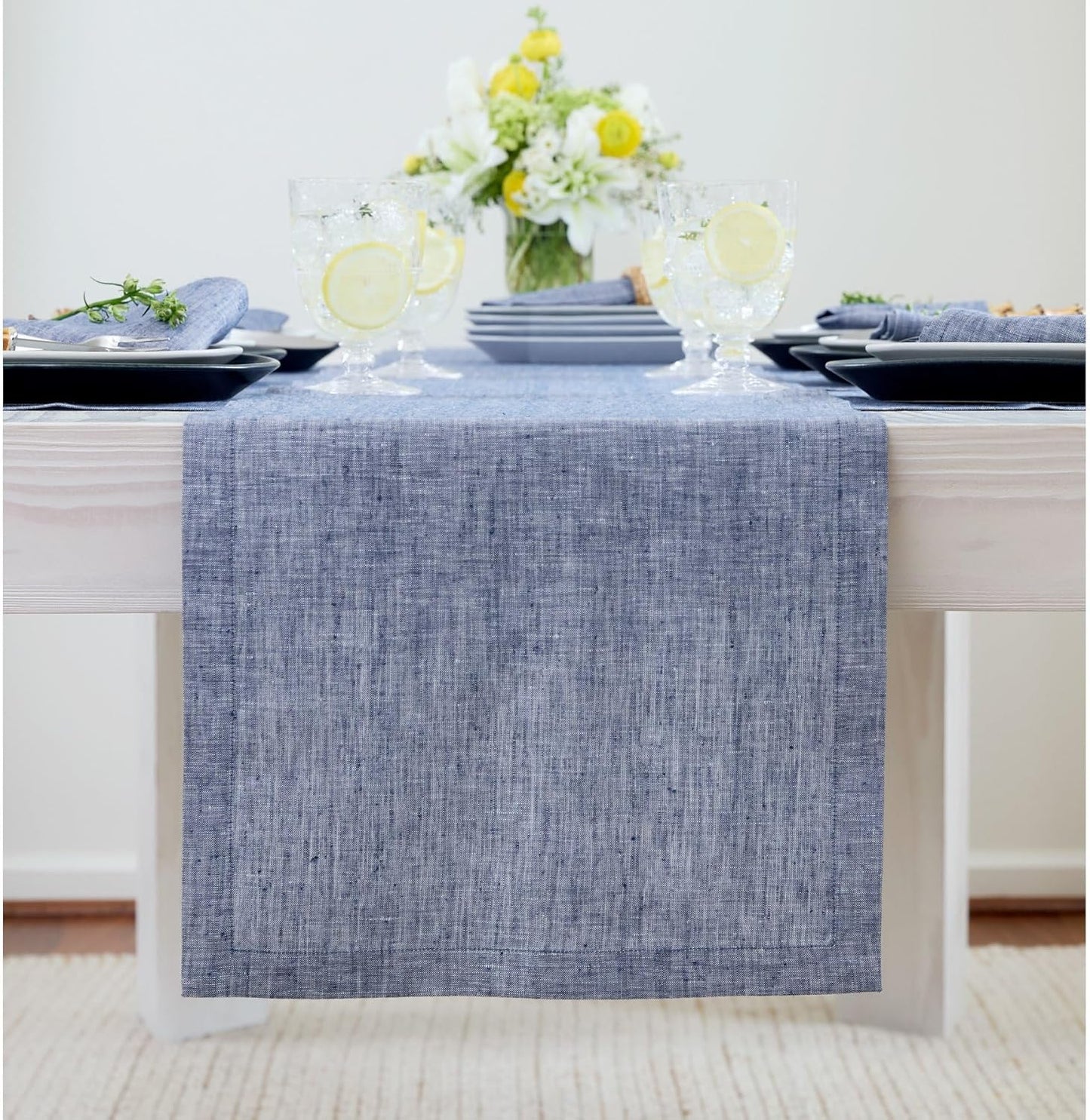Solino Home Linen Chambray Indigo Table Runner 108 Inches Long - Athena, 100% Pure Linen 14 x 108 Inch Table Runner for Christmas