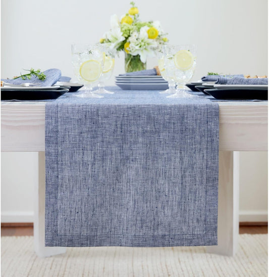 Solino Home Linen Chambray Indigo Table Runner 108 Inches Long - Athena, 100% Pure Linen 14 x 108 Inch Table Runner for Christmas