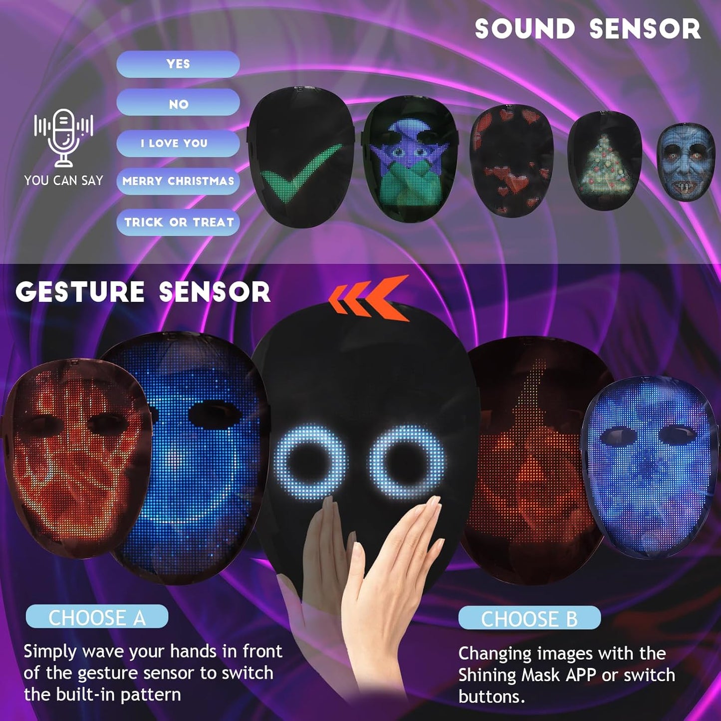 Led Mask with Gesture Sensing,Light up mask for Kids/Men/Women LED Halloween Mask for Costume Cosplay Party