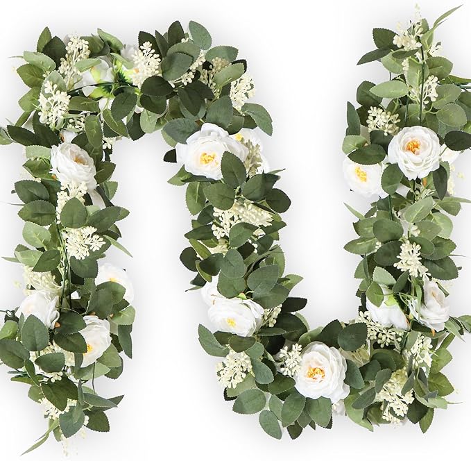 MAKHOT 2Pack White 6.6 Ft Eucalyptus Garland with Lovely Faux Rose Flowers, Artificial Eucalyptus and Rose Garlands Decor, Floral Greenery Garland for Wedding Home Table Decor (White)