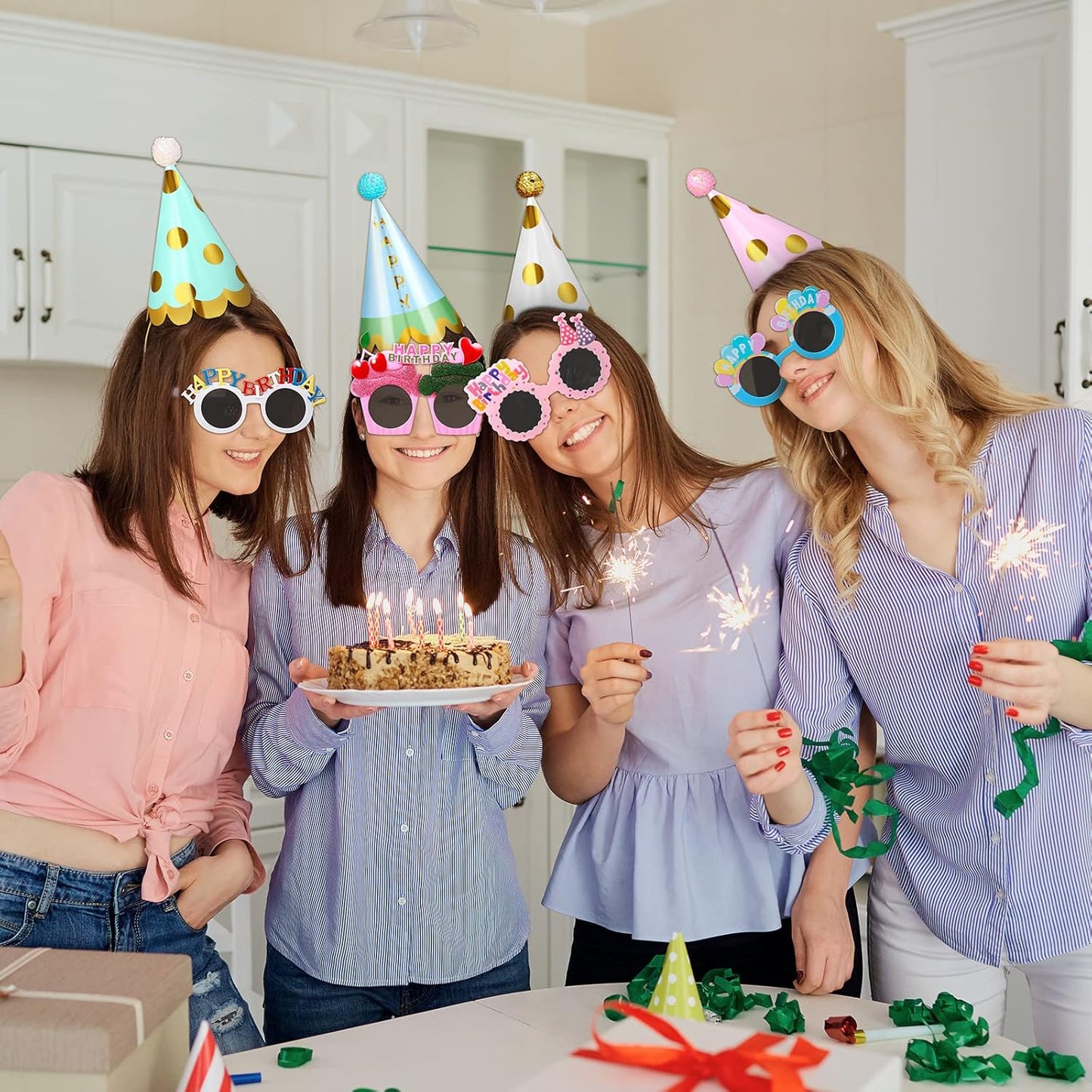 16 Pcs Birthday Party Hats Party Cone Hat with Pom Poms Birthday Glasses Photo Booth Props for Kids Adults (Glitter Style)