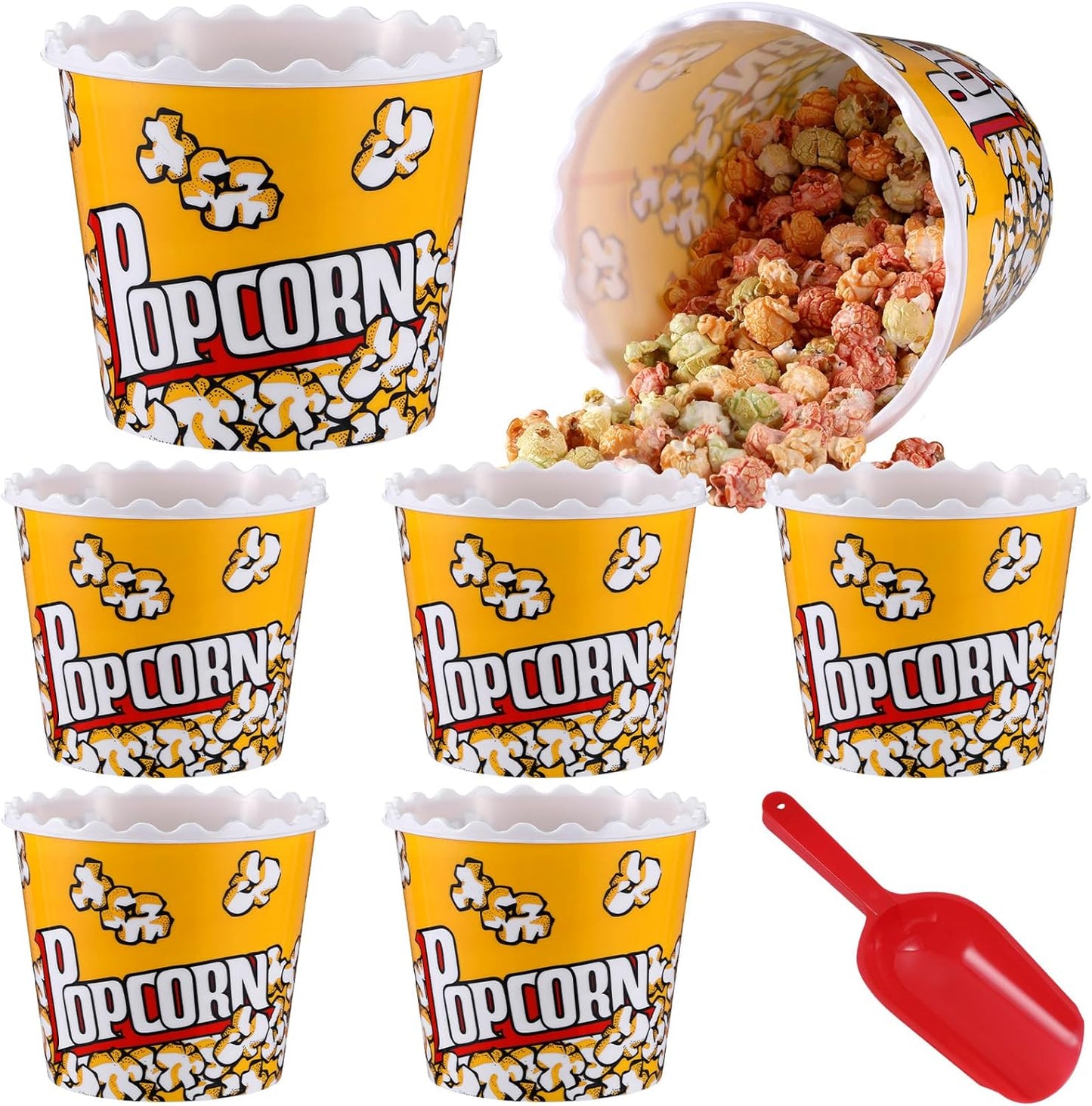 Roshtia 6 Pieces Plastic Popcorn Containers Reusable Buckets 75 oz Popcorn Boxes Bowl with Scoop Retro Style Red Plastic Scoop Set for Movie Theater Night(Classic)
