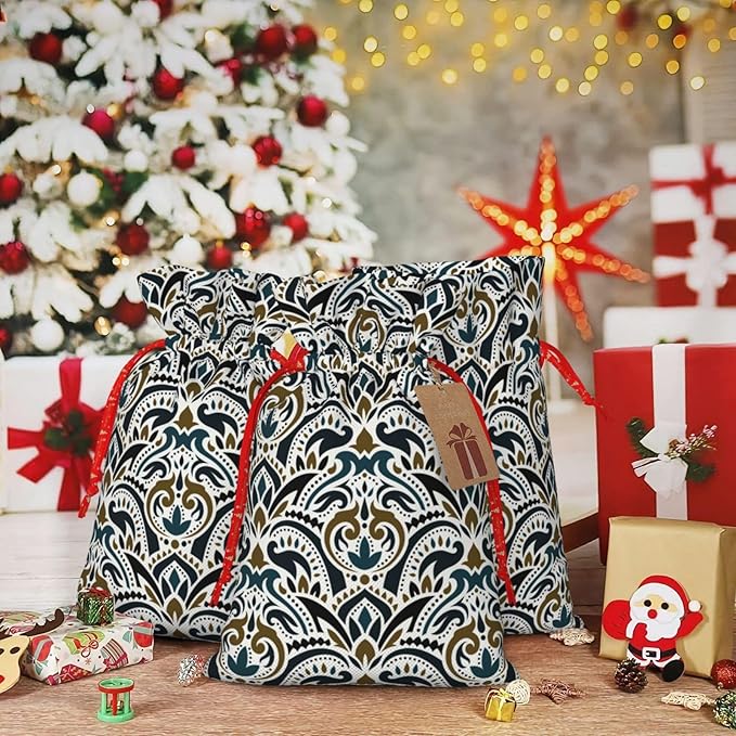 Jhggffd Boho Flower Pattern Christmas Gift Bags Christmas Treat Bags Cloth Christmas Gift Bag Drawstring Christmas Bags for Gifts Favor Bags Reusable Xmas Gift Bags for Holiday Party