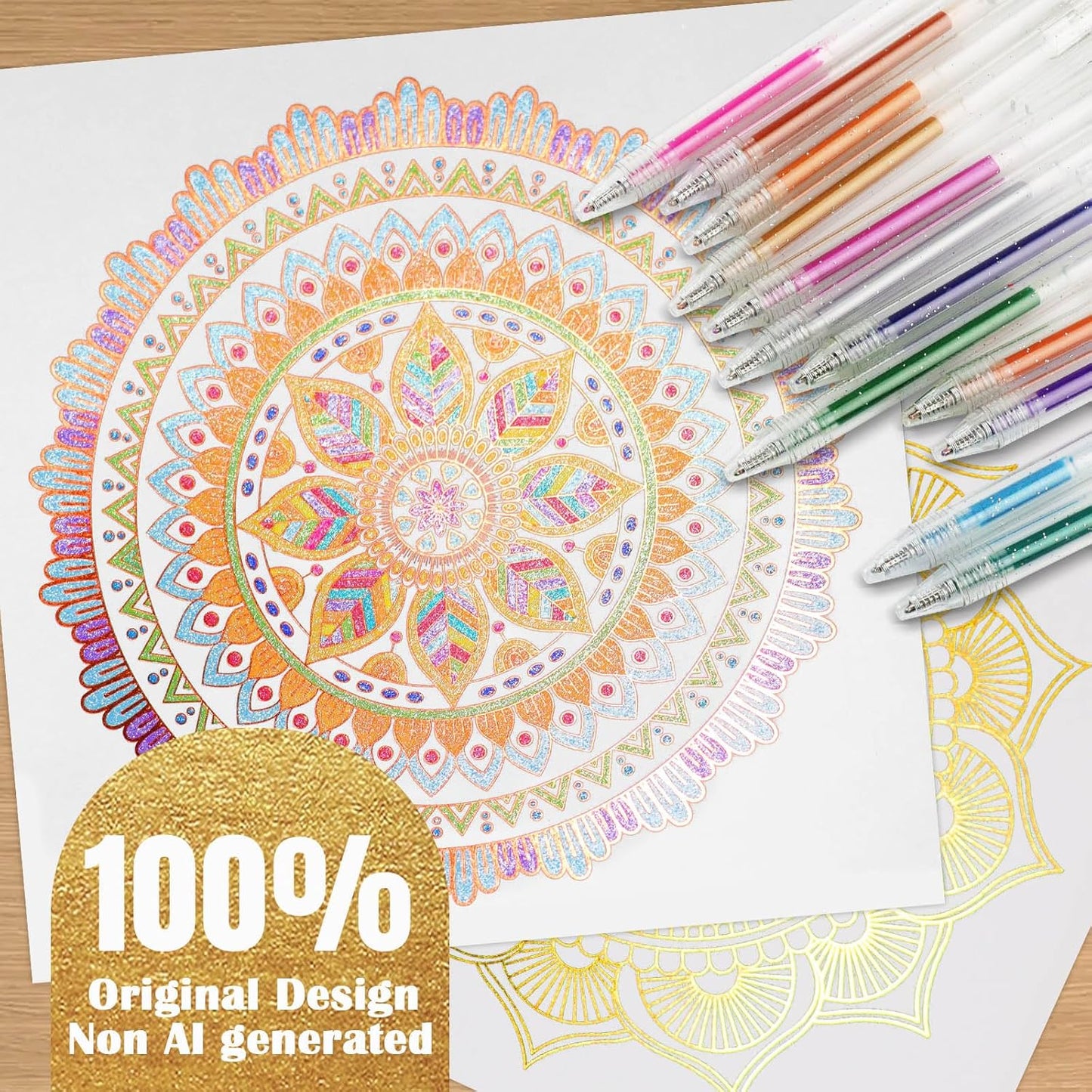 Adult Coloring Book for Women Relaxation, Gold Foil Mandala Coloring Book Set with 24 Colors Retractable Glitter Gel Pens, 12Pcs Premium Single-Sided Paper Portable Gift for Adults Includes Gift Bag