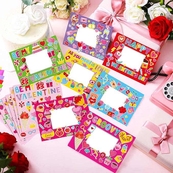 Jetec 48 Sets Valentines Picture Frames Craft Kit DIY Photo Frames Sticker Craft Make Your Own Paper Picture Frame for Home Activities Party Favors Decorations(Pink)