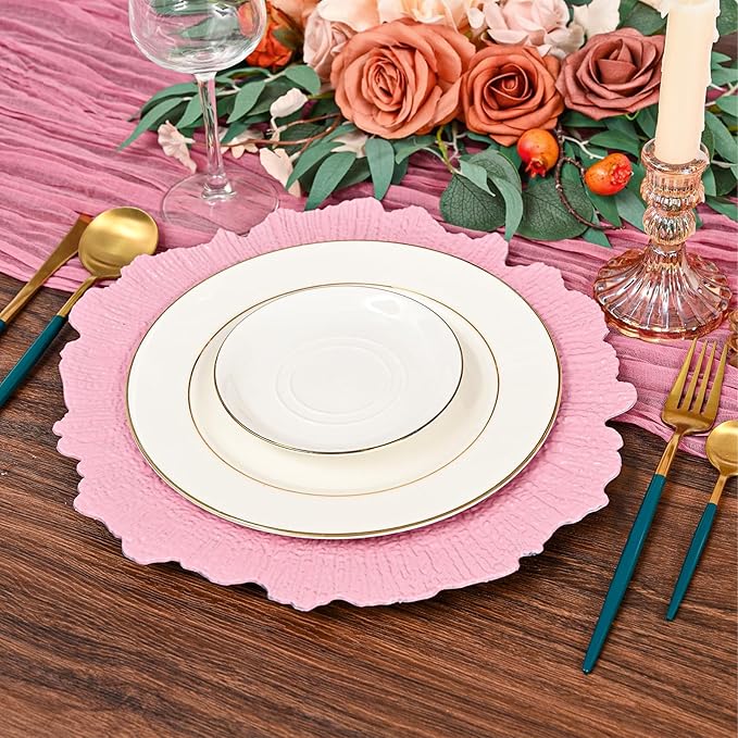 Pesonlook 24Pcs Pink Charger Plates Round 13inch, Reef Plate Chargers for Dinner, Bulk Plastic Floral Table Charger Plates for Dinner Wedding Party Event Table Setting Decoration(Pink)