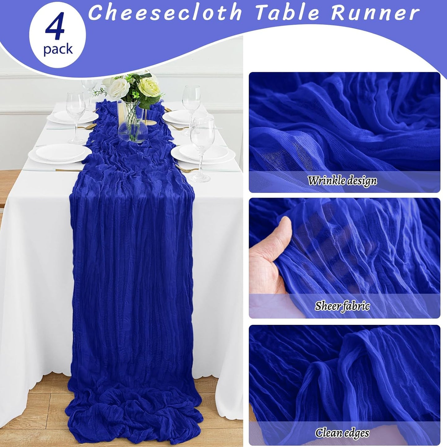 4Pack Royal Blue Cheesecloth Table Runner 10FT Gauze Cheese Cloth Table Runner 35x120Inch Long Boho Spring Easter Table Runners Rustic Sheer Table Runners for Wedding Baby Shower Bridal Shower Decor