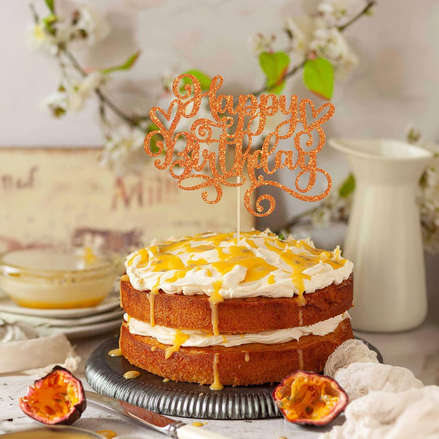 Gyufise 1Pcs Happy Birthday Cake Topper Glitter Cake Pick Bunting Decor for Anniversary Celebrating Party Cake Decorations Supplies Orange