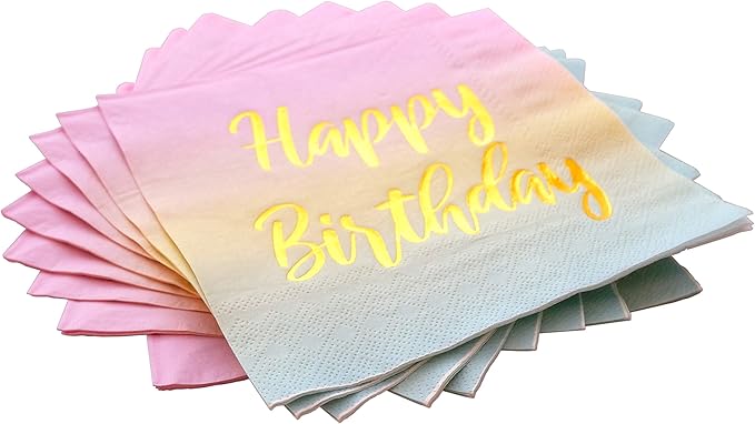 Happy Birthday Napkins - 50 Pack Pastel Metallic Birthday Disposable Paper Napkins with Gold Foil Printing on Pink Yellow Blue Ombre Gradient for Cocktail Party Supplies - 6.5" x 6.5" inches