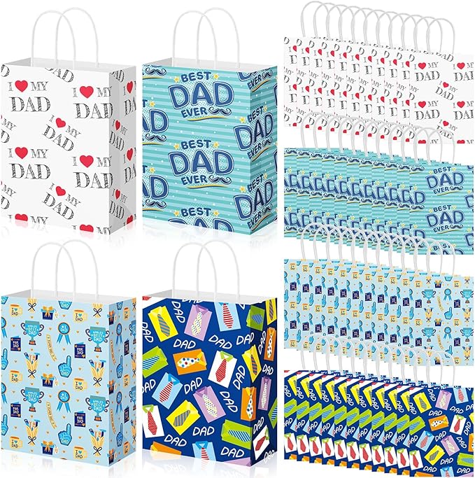 Gilprop 48 Pcs Father's Day Gift Bags Bulk Dad Party Supplies, 8 Inch Happy Father's Day Paper Treat Goodie Bags with Handle, Dad Ever Gifts Favors for Him Birthday Anniversary