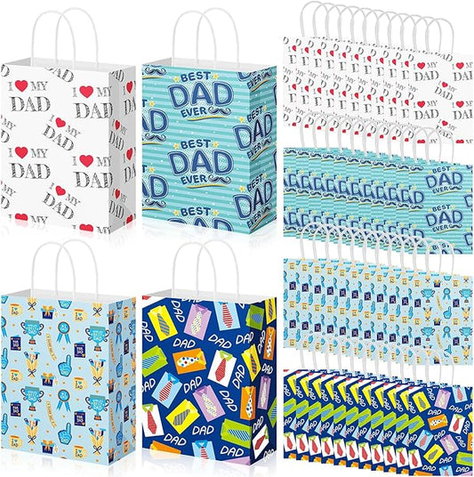 Gilprop 48 Pcs Father's Day Gift Bags Bulk Dad Party Supplies, 8 Inch Happy Father's Day Paper Treat Goodie Bags with Handle, Dad Ever Gifts Favors for Him Birthday Anniversary