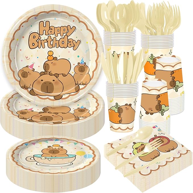 168Pcs Capybara Birthday Decorations Capybara Theme Party Plates and Napkins Cups Tableware Set Capy Animals Themed Party Supplies for Boys Girls Serves 24